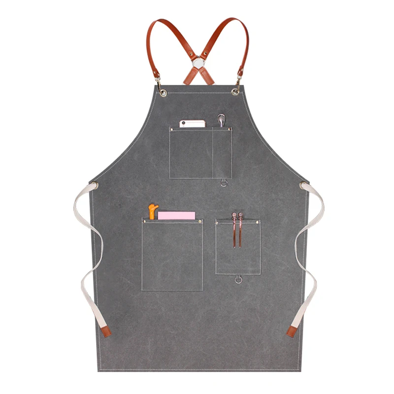 Durable Waxed Canvas Barbecue Cooking Apron For Barista With Leather Belt