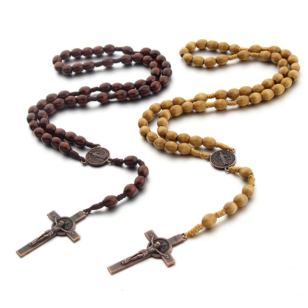 8 x 10mm hand-woven wooden bead thread necklace christian vintage cross pendant rosary necklace for men and women chain