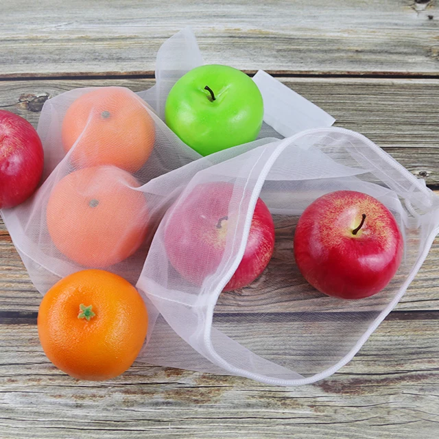 Custom Drawstring Reusable Produce Net Pouch Polyester White Vegetable Mesh Bags