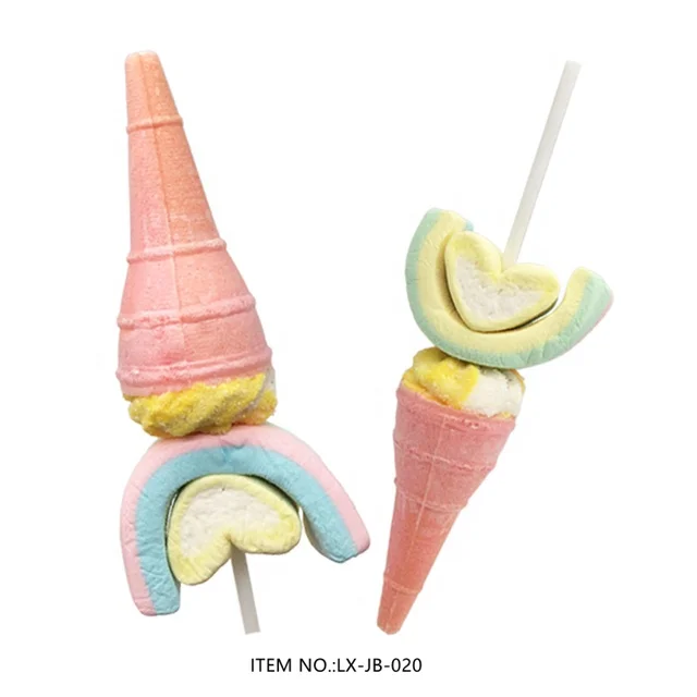 Colorful Cotton Lollipop Soft Candy Delicious Fruit Flavor Ice Cream Cone Marshmallow Candy