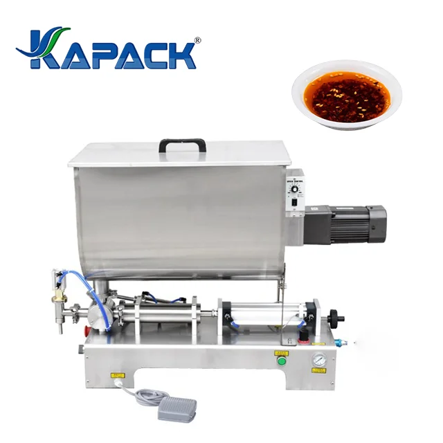 KAPACK 90l big hopper horizontal thick paste fill high viscosity hot dip pot chili sauce filling machine with mixer