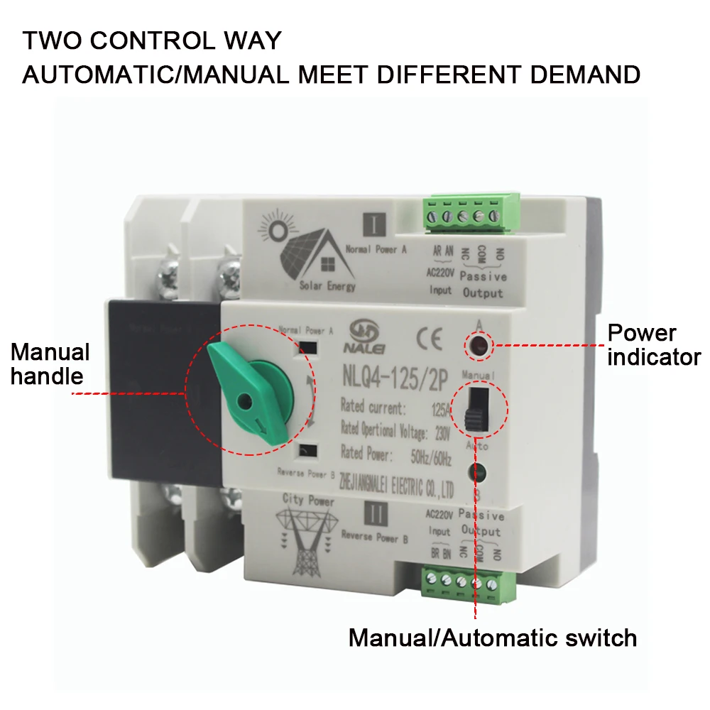 Din Rail 2P 80A 100A 125A Dual Power Automatic Transfer Switch ATS Automatic Change Over Switch For PV Inverter Discounnecting