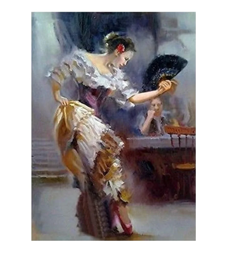 100% Real Hand Painted Fan dance costumes woman Get drunk Canvas Oil Painting on Canvas by Artist for Home Wall Art Decor
