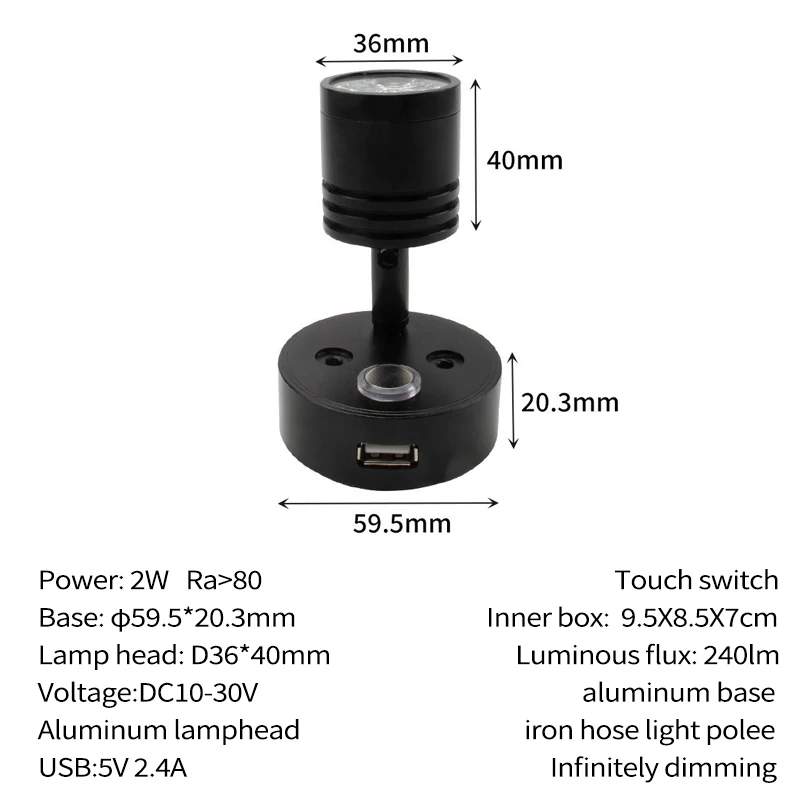 MIni Wall Lamp Touch switch dimmable bus reading light surface 2W aluminum led car 12V led headboard reading light
