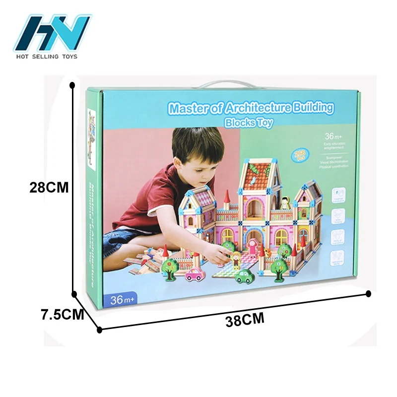 Kids education assembled creative wood model diy house 268pcs wooden toys building blocks
