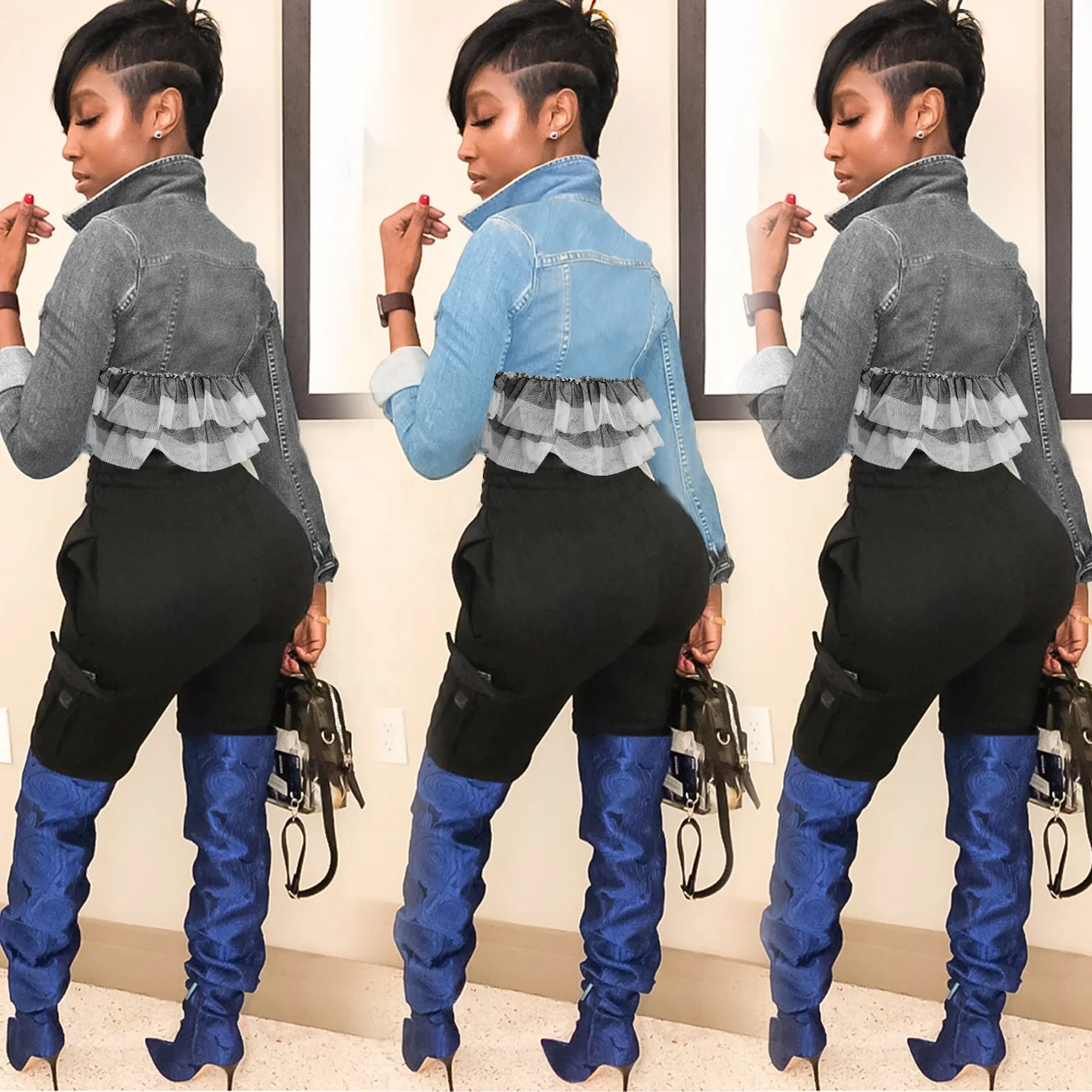 XLL 2021 s-3xl denim blue jeans outfits long sleeve creativity cake mesh slim fitted winter fall crop patchwork jacket women