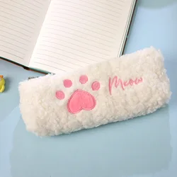 Wholesale cute soft plush embroidery cat paw pencil case kawaii pen pouch stationery school pencil case for girls