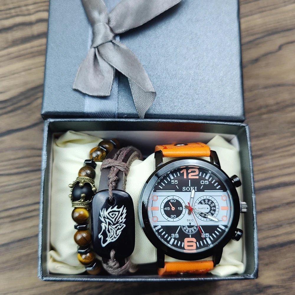 Watches set Bracelet Men watch set with box Sport men wrist Leather Strap Quartz Watch wholesale Business Wristwatch