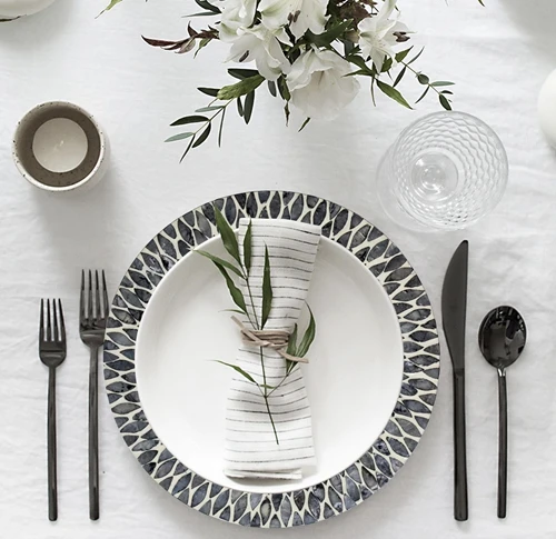 Wholesale Vietnam Placemats Mother Of Pearl Inlay Nacre Wood Charger Plates For Wedding blue pattern