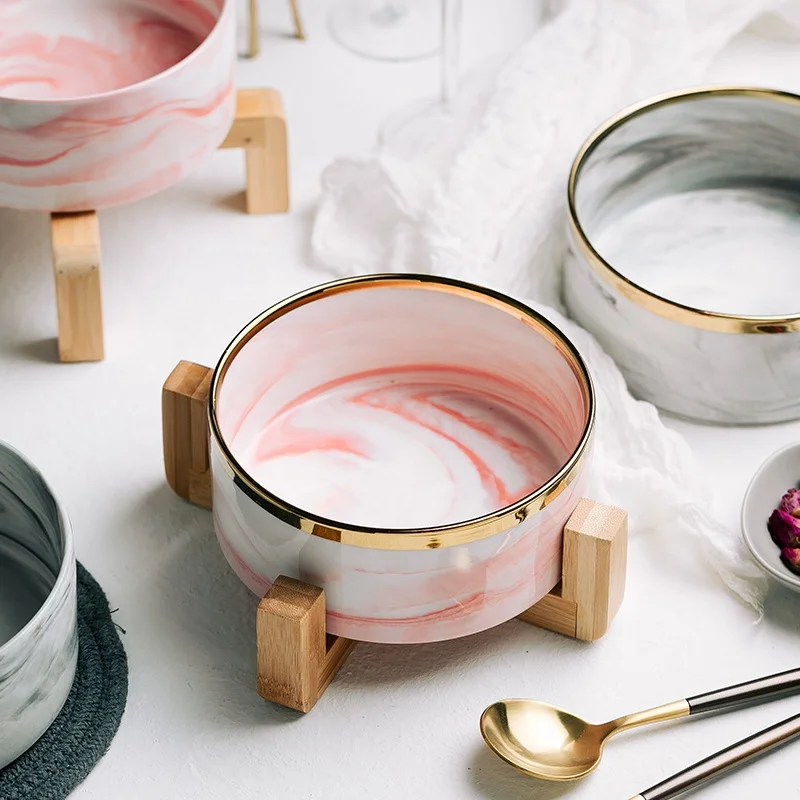 Jade-cer Wholesale Marbling Ceramic Pet Dog Cat Food And Water Bowl With Wooden Frame Stand