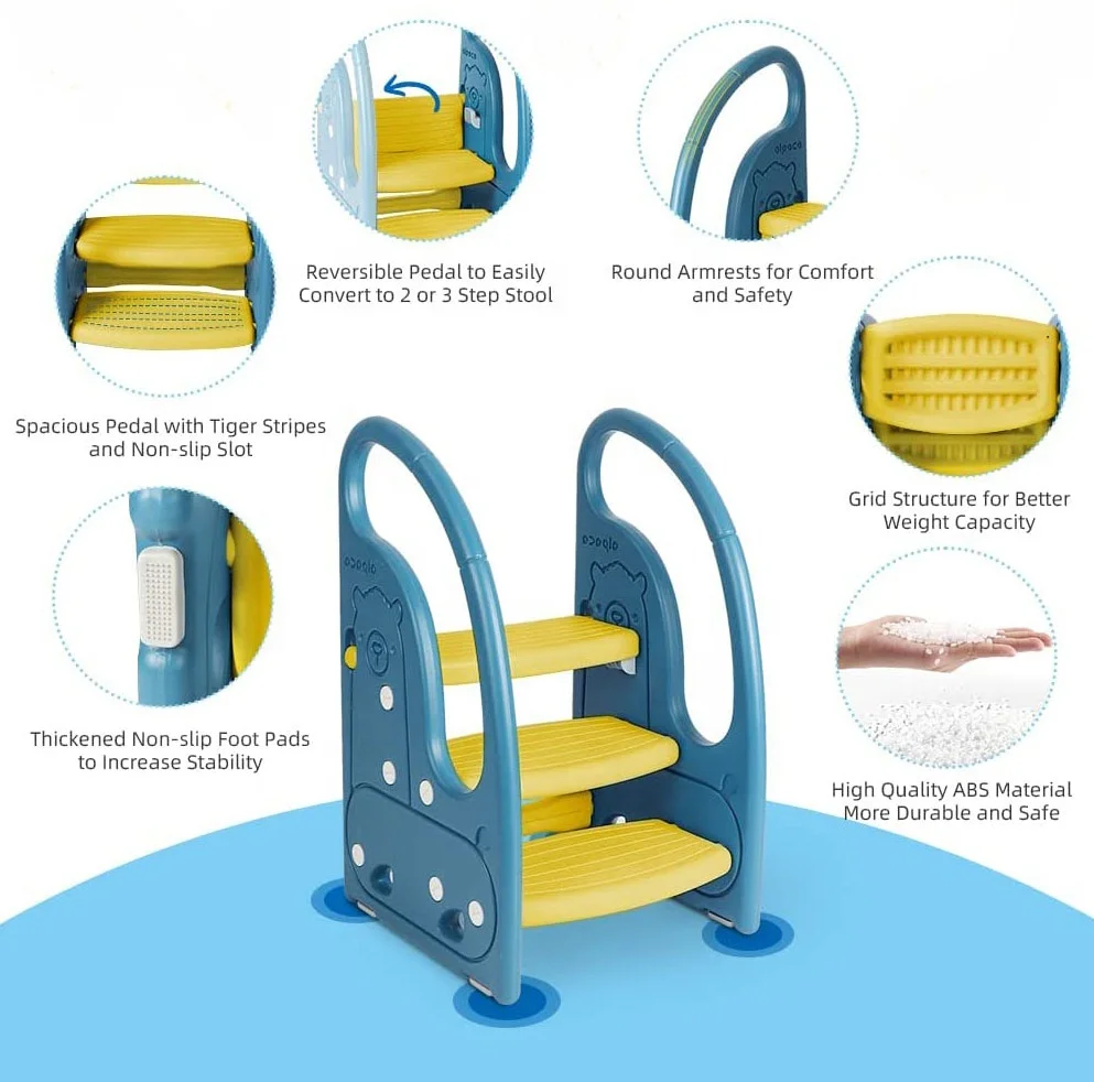 Height Adjustable Plastic 3 Step Foot Stool Kids Bathroom Stepping Stool