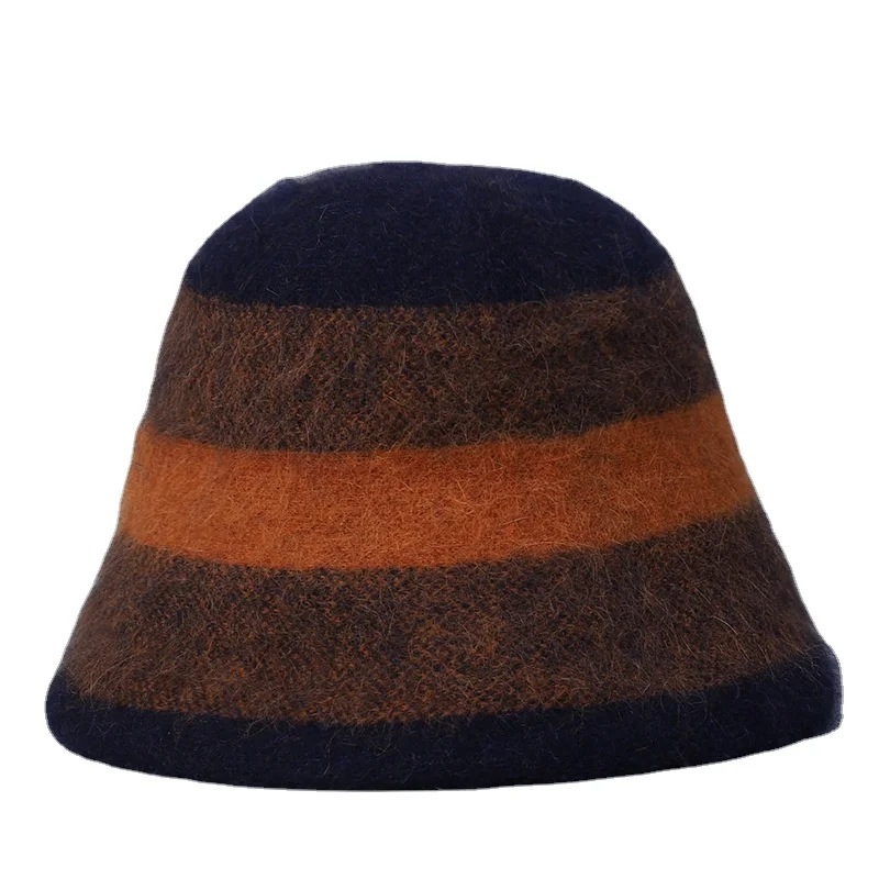 fashion wool rabbit hair mixed stripe caps hats for women knitted Warm bucket hat autumn winter warm beanie cap