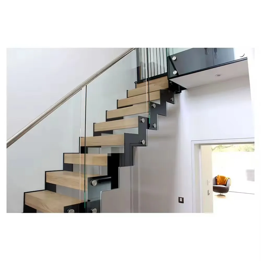 Modern Timber Interior double steel plate staircase wood step straight zig zag stairs Z shape staircase for upscale properties