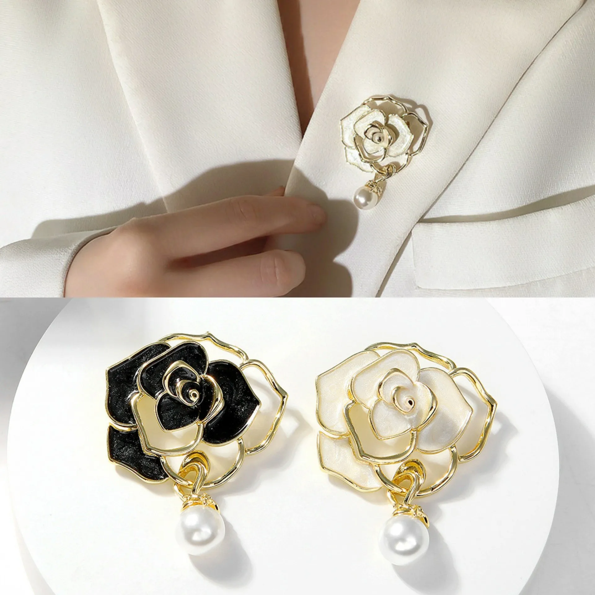 Elegant White Black Camellia Flower Brooches Pins Beautiful Flower Plant Dressing Clothes Corsage Jewelry Accessories