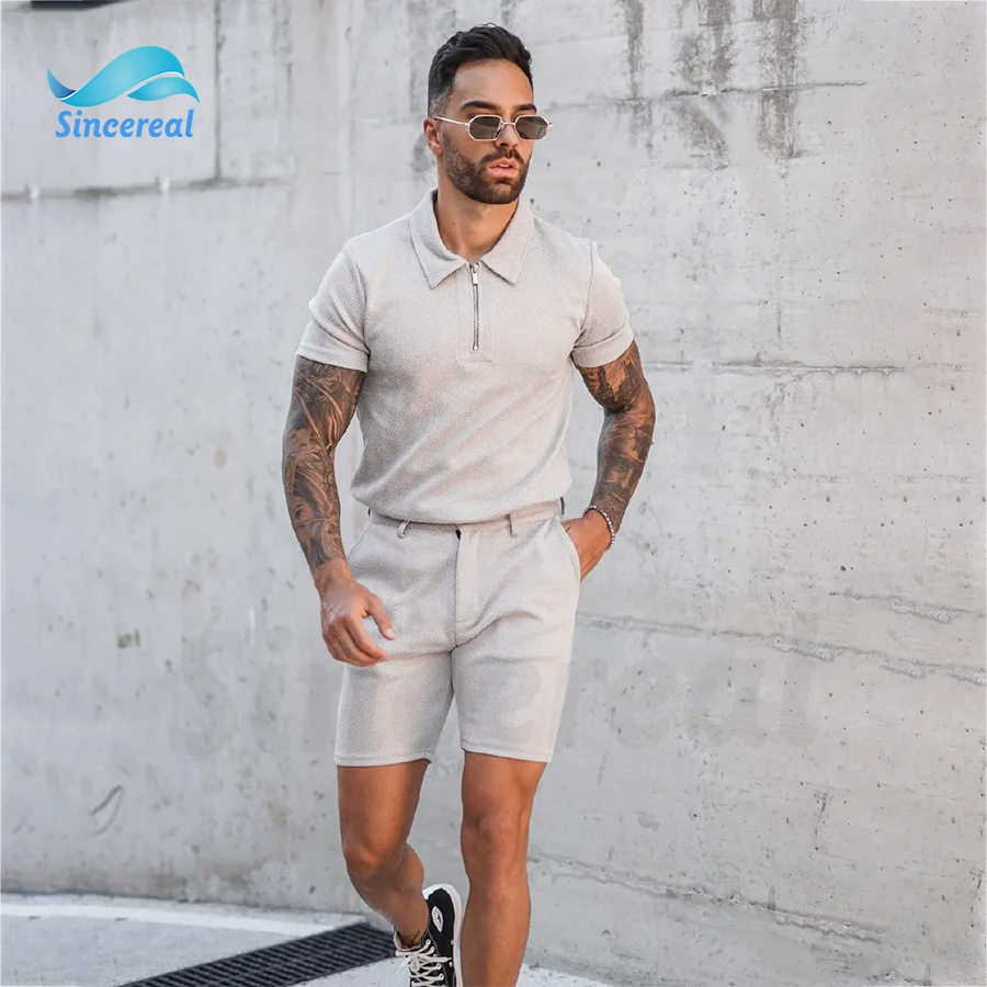 Custom logo summer Men Cotton Polyester casual Stretch fit grey textured fabric grey zipper premium Polo 2 piece shirt short set