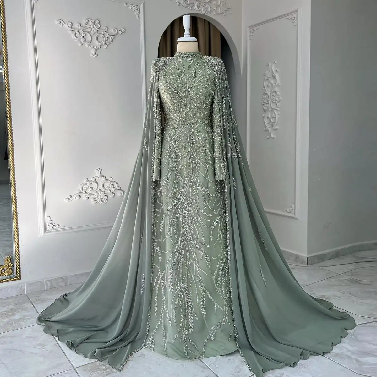 Luxury Beaded Sage Green Muslim Evening Dress With Cape Long Sleeves Arabic Dubai Women Wedding Party Gowns Lsz387