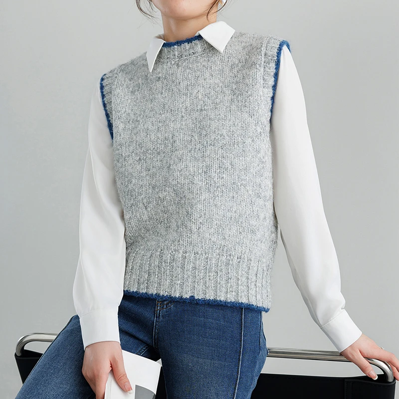 Early autumn and winter newest alpaca wool college wind vest round neck vest top for women