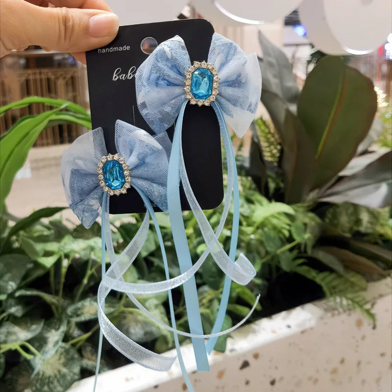Snowflake Party Diamond set hair clip Star mesh bow Little Princess pair clip blue fabric streamer lace print bow hair clip