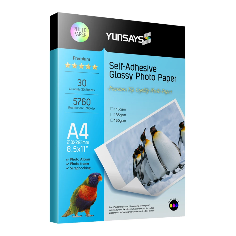 Yunsays High quality 115-260gsm glossy Adhesive inkjet photo paper a4 self adhesive photo paper