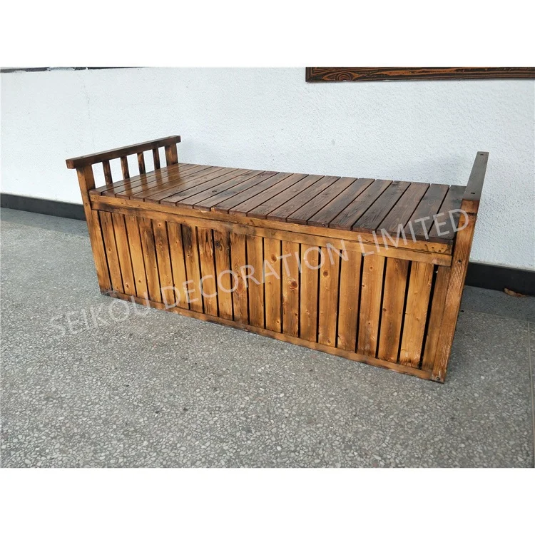 Burning Wooden Bench with Storage Garden Storage Bench