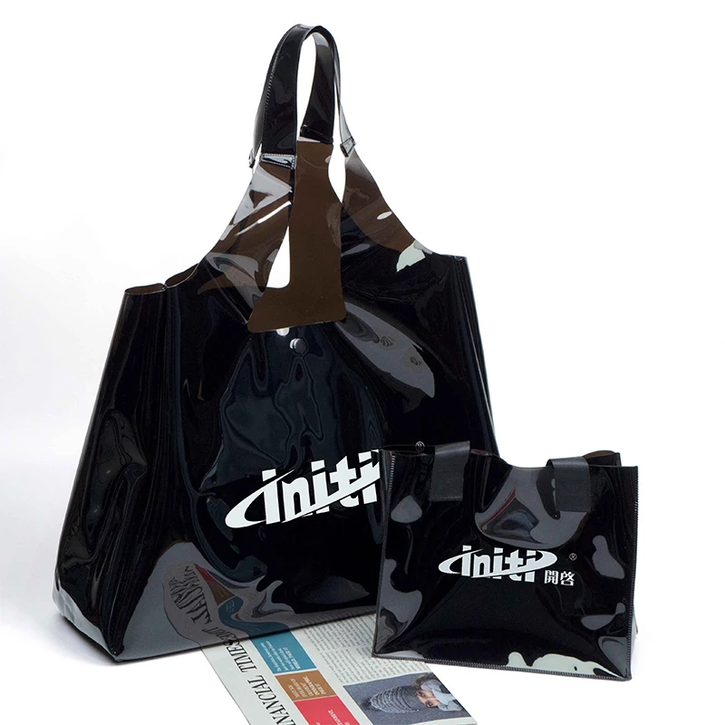 New Design Custom Logo Black Pvc Bag Clear Tote Bags Transparent Shopping Bag for Summer Beach and Swimming