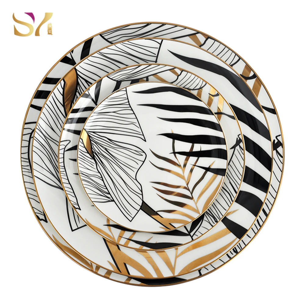 Custom Logo 8-Inch Gold Leaf Rim Fine Bone China Dinnerware Set Plant Pattern Dinner and Soup Plates for Weddings Renting