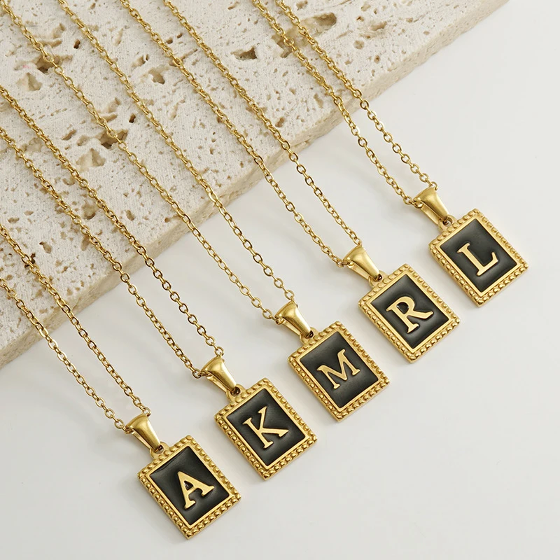 Minimalist Jewelry Stainless Steel Rectangle 26 Letter Pendant Necklace A-Z Alphabet Four-leaf Clover Nacre Shell Charm Necklace