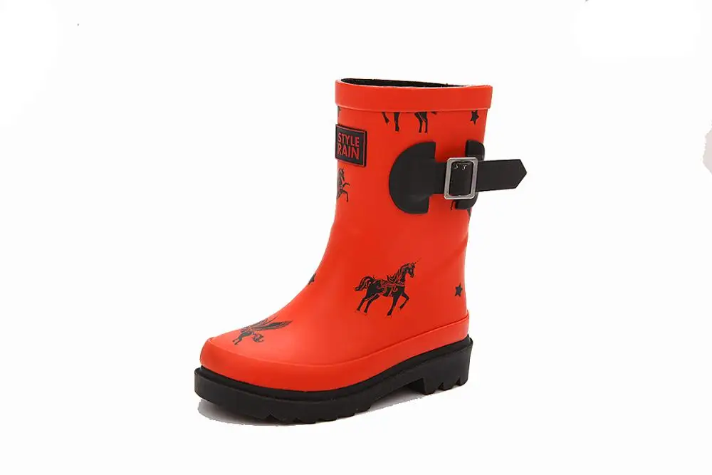kids girls black pink blue mid heel fashionable animal printing shiny logo sex in rubber boots for children
