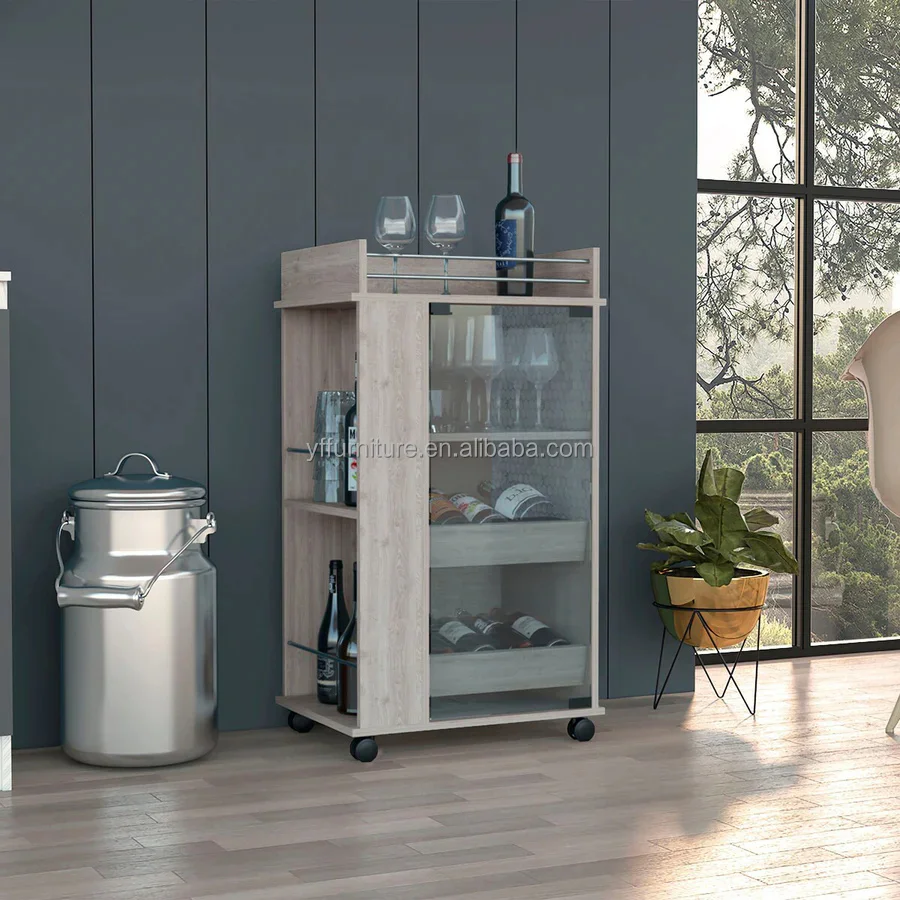 High Quality   Kitchen Pantry Bar Cart with Casters, Glass Door, 2 Inner Shelves, and 2 Side Shelves