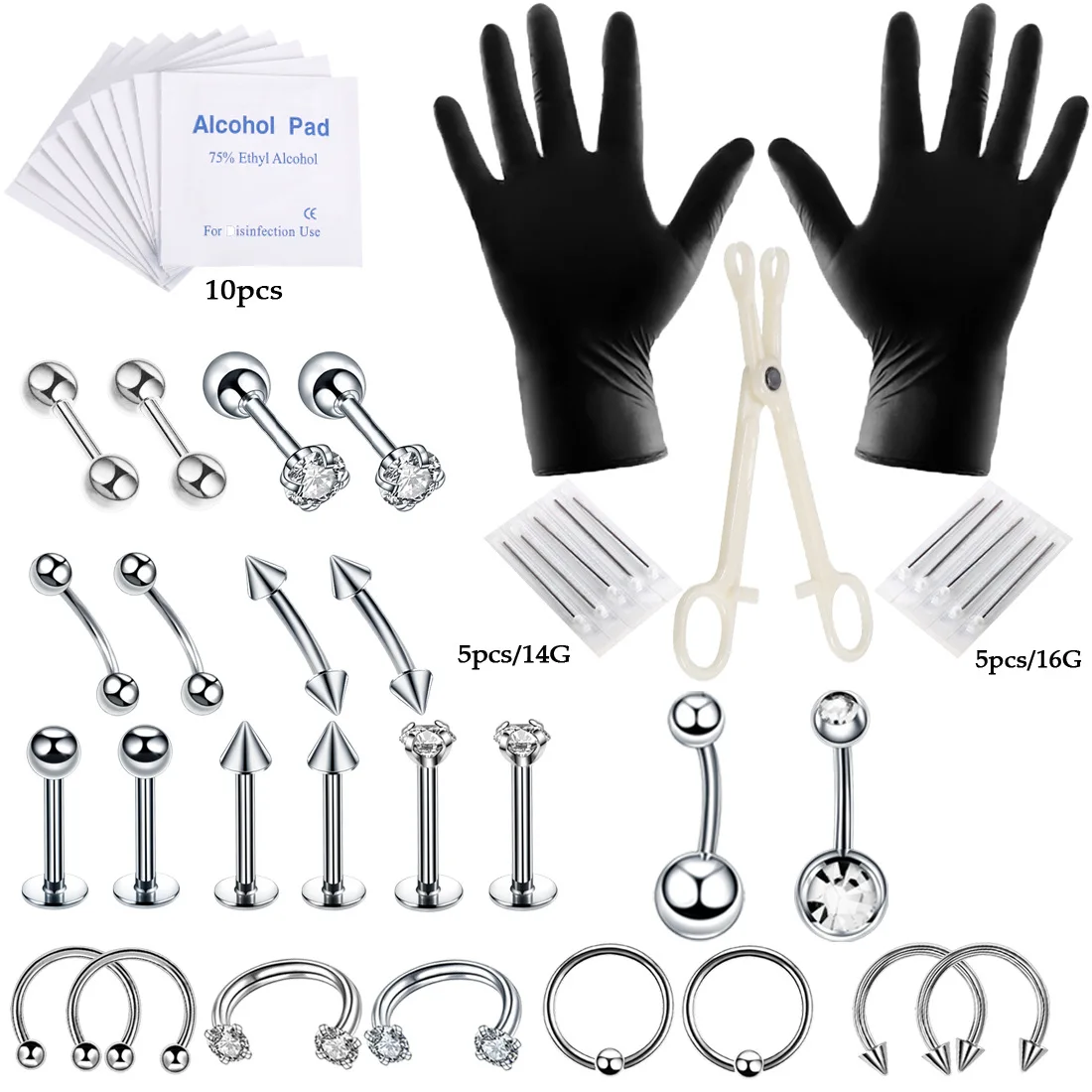 Professional Piercing Tattoo Machine Set Zircon Belly Tongue Tragus Eyebrow Nipple Lip Nose Ring Stainless Steel Piercing Kit