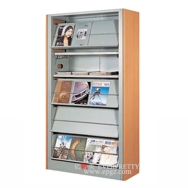 Modern Single Side Library Standing Magazine Rack Wooden and Metal Newspaper Display Rack
