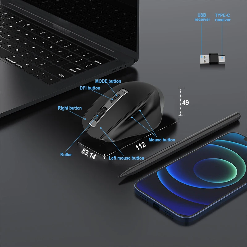 Hot Popular Custom Logo TYPE - C Charging Port Rechargeable Mouse Ergonomic Gaming Mouse 2.4G Wireless Bluetooth Mouse
