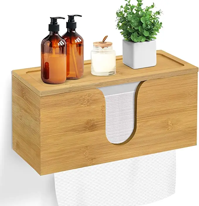 Bamboo Paper Towel Trash Bag Dispenser Tissue Box Wall Mounted Folded Towel Holder with Lid