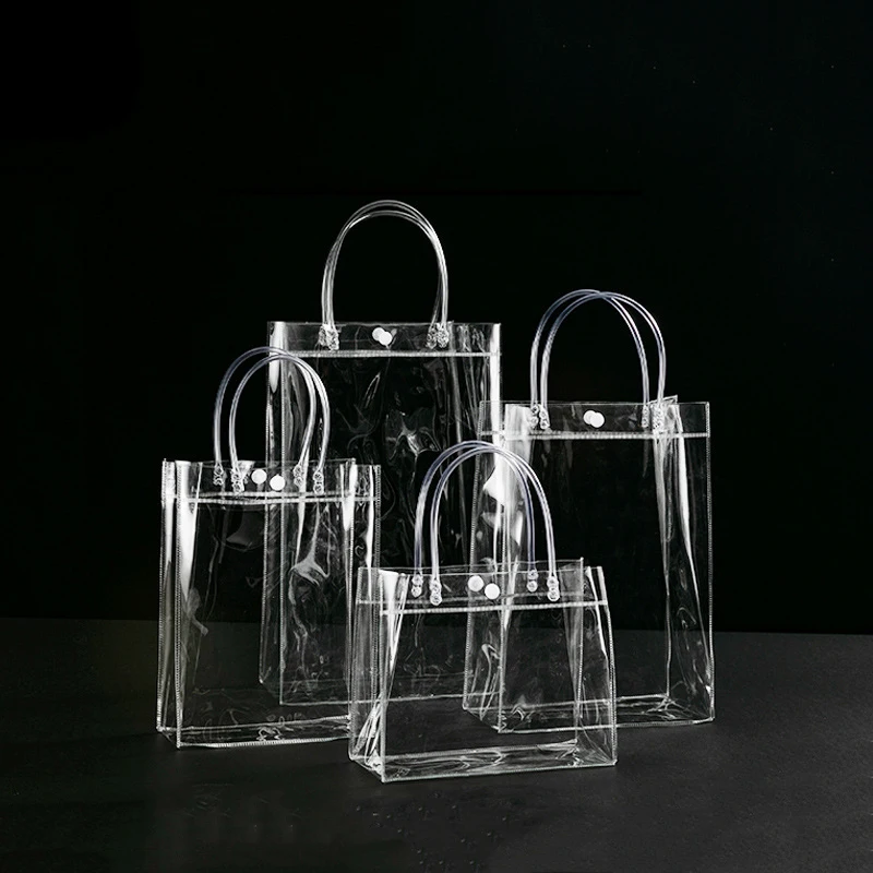 Custom Transparent PVC Plastic Gift Bag Shopping Pack Printing LOGO Waterproof Hand Tote Grocery Storage Bag