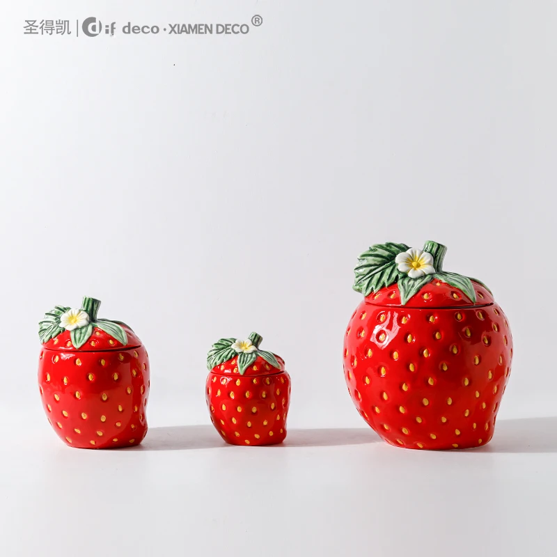 Ceramic Fruit Strawberry Design Kitchen Food Container Storages Jar for Kitchen Accessories