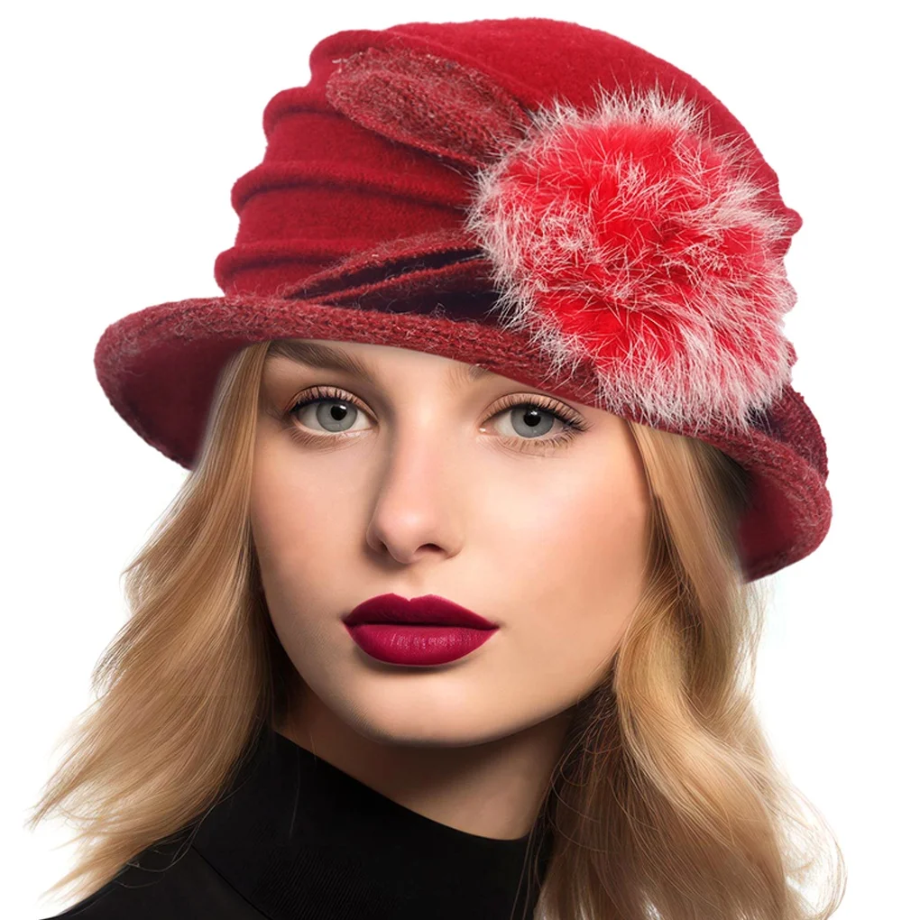 Women Vintage Wool Felt Bucket Hat Winter PomPom Beret Hat French Style