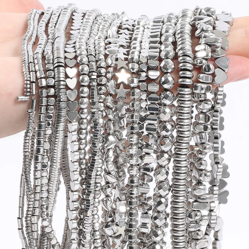 Star/Tube/Heart Shape White Gold Plating Natural Hematite Stone Rondelle Spacer Beads for Jewelry Making DIY