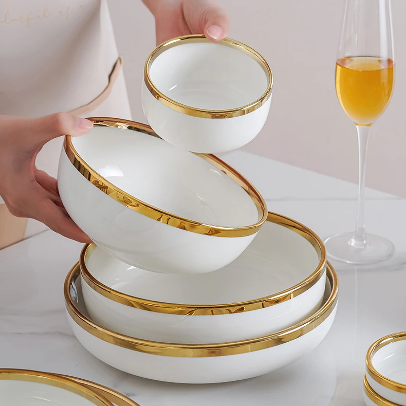 2024 Nordic Modern High Grade Gold Rim Bright White Porcelain Tableware Set 3.5 4.5 5.57 8inch Soup Sauce Salad Bowl Gift Set