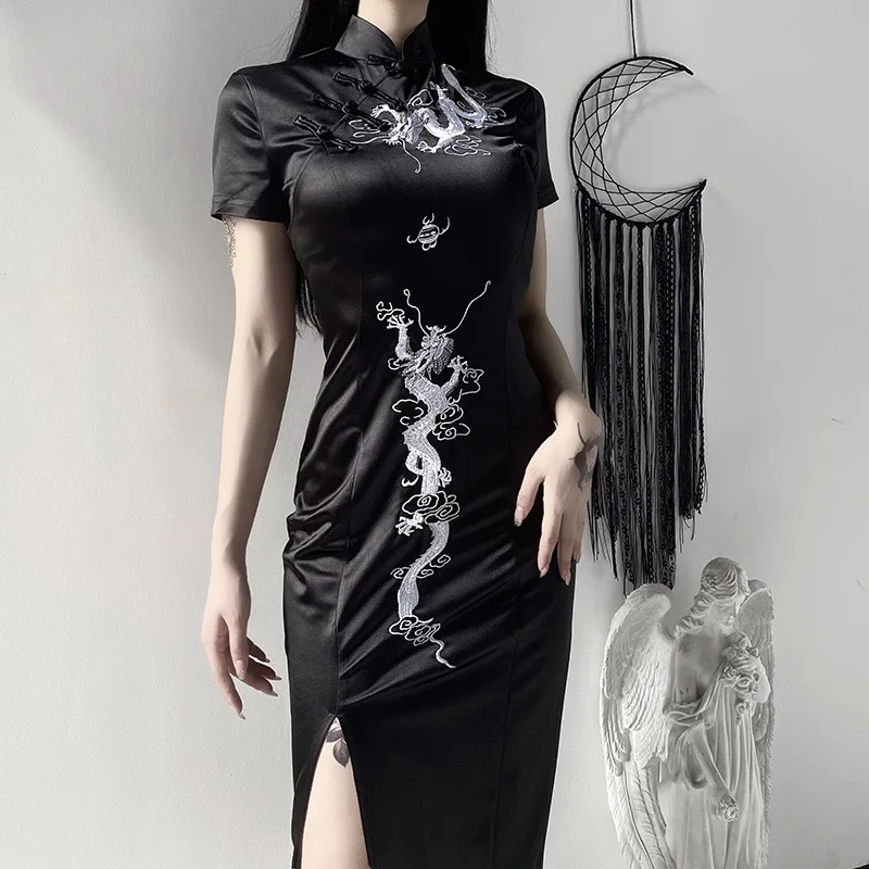 Black Cheongsam Modern Dress With Split Dragon Embroidered Maxi Dress Elegant Casual Chinese Dresses