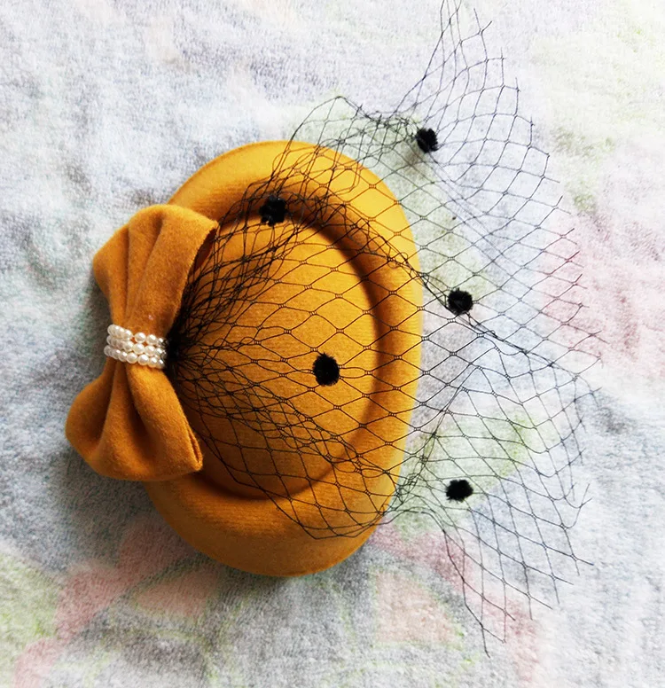 Fashion women Cocktail & Dot mesh fascinator hat Ladies Party Hat with bow Formal church hat Elegant French pearl Headwear
