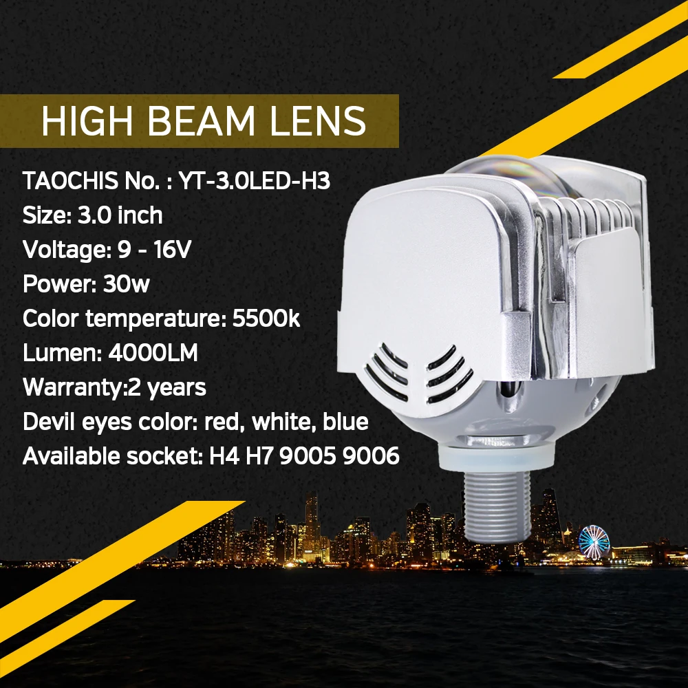 TAOCHIS Car Aozoom 3.0 inch 12v 30W headlamp Special LED High Beam projector Lens with devil eyes Blue Red White H4 H7 9005 9006