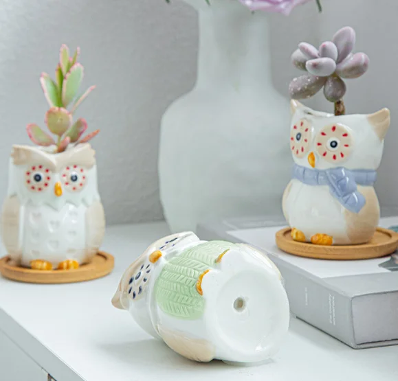 Factory Direct Sales Ceramic Mini Owl Succulent Pots Cute Animal Small Plant Planters Cactus Plants Container Bonsai Pots