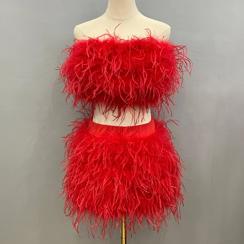 Fashion Sexy Crop Fur Top Feather Skirt Set Solid Color Ostrich Feather Fur Two Piece Set Women