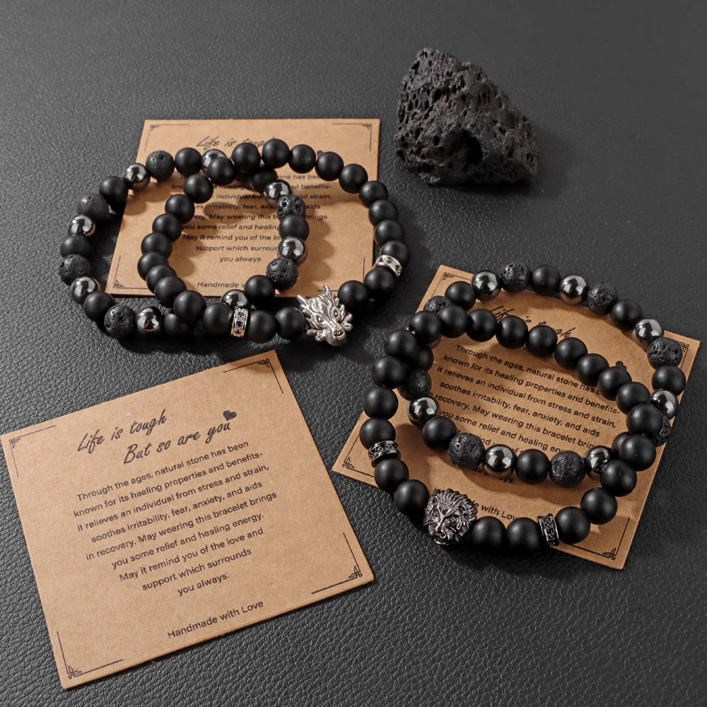 2024 Newest Fashion Lava Rock Stone and Matte Onyx Cross Skull Dragon Head Charm 2 Pieces Bracelet Sets
