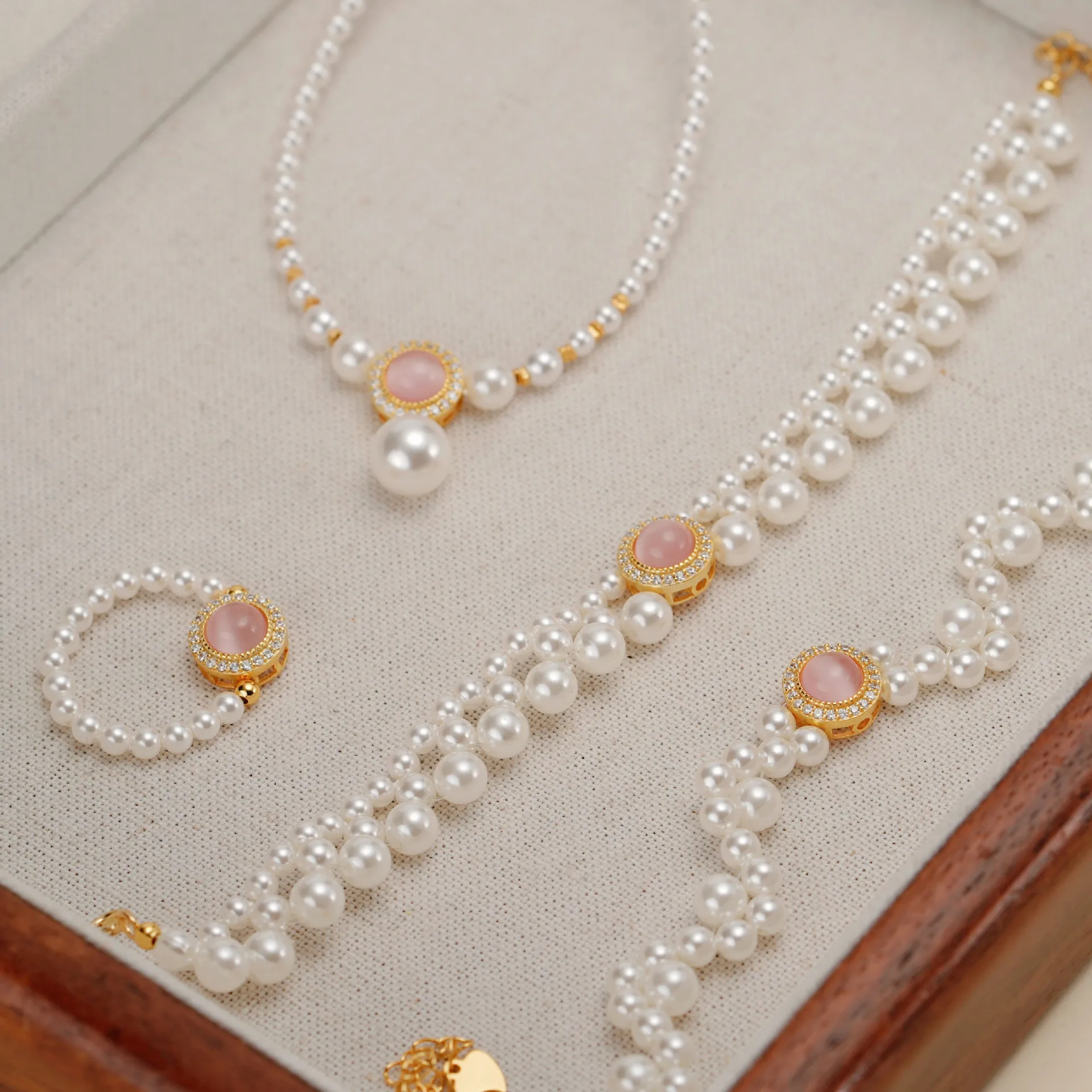 Заводская цена, 925 серебро, имитация жемчуга, Наборы украшений для свадебной вечеринки, 8 мм, жемчужный опал, циркон, ожерелье, браслет, кольцо, комплект украшений