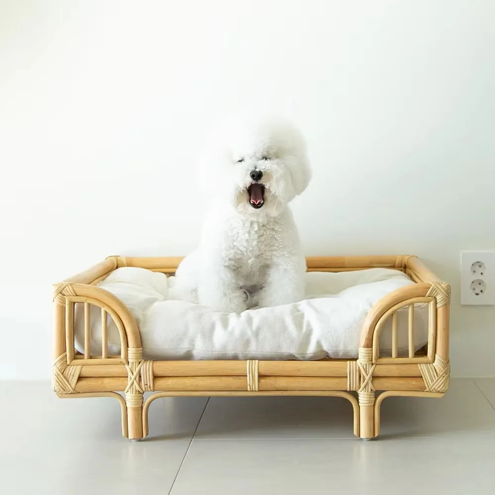 Hovicaed Luxury cat pet dog bed made natural high quality rattan wood furniture bed for pets Amazon best choice