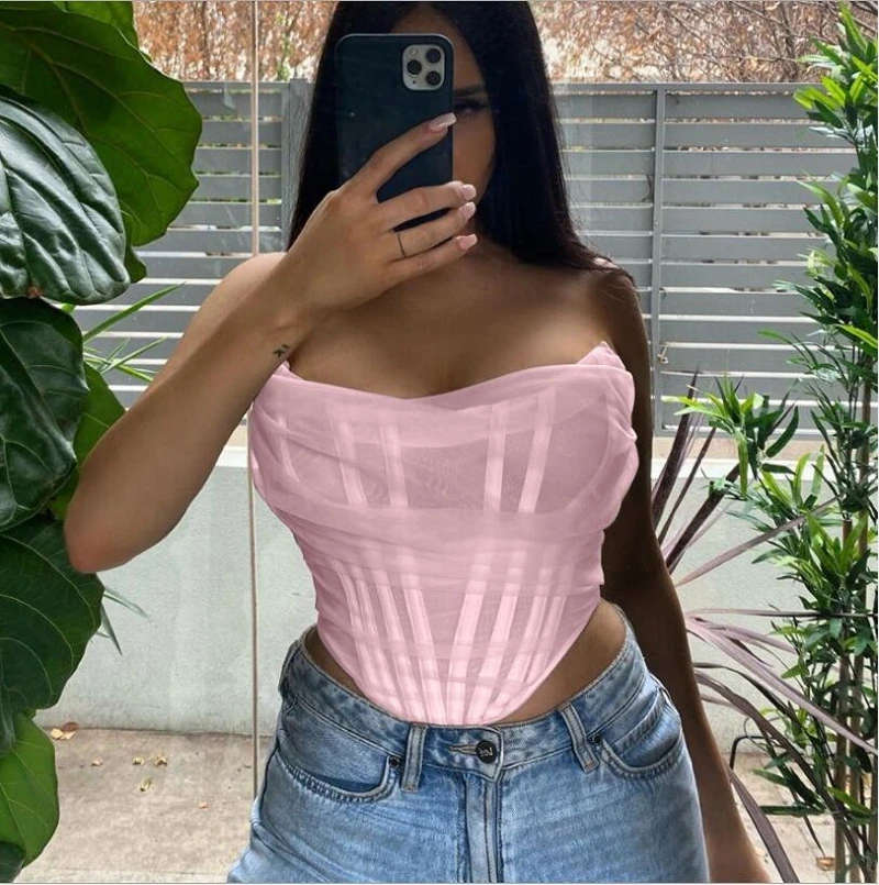 New product ideas 2021 hot selling See Through Mesh Off Shoulder Bustiers corset top women sexy Tube Top