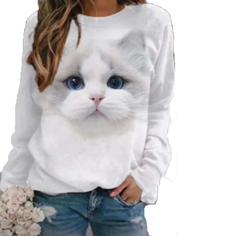 Wholesale custom cat pattern printed fashion crew neck shirt T-shirt for women