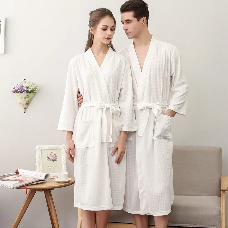 summer unisex adult bathrobe men v-neck soft quick dry spa bathrobe solid gown women waffle robes