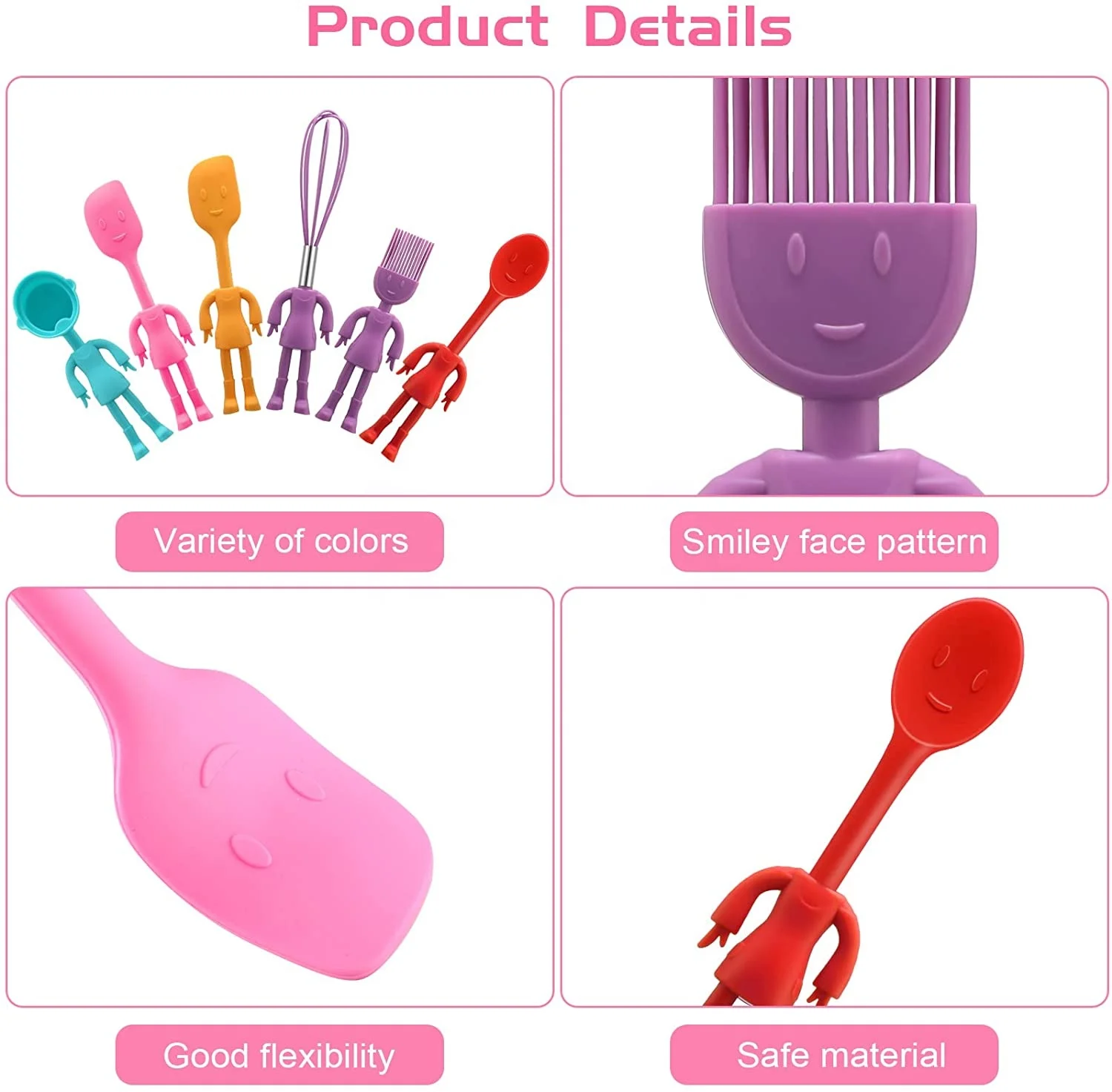 Kids Kitchen Utensils Set 6 Pieces Human Shaped Non Stick Heat Resistant Baking Tools Gadgets Silicone Cute Stand up Kitchenware